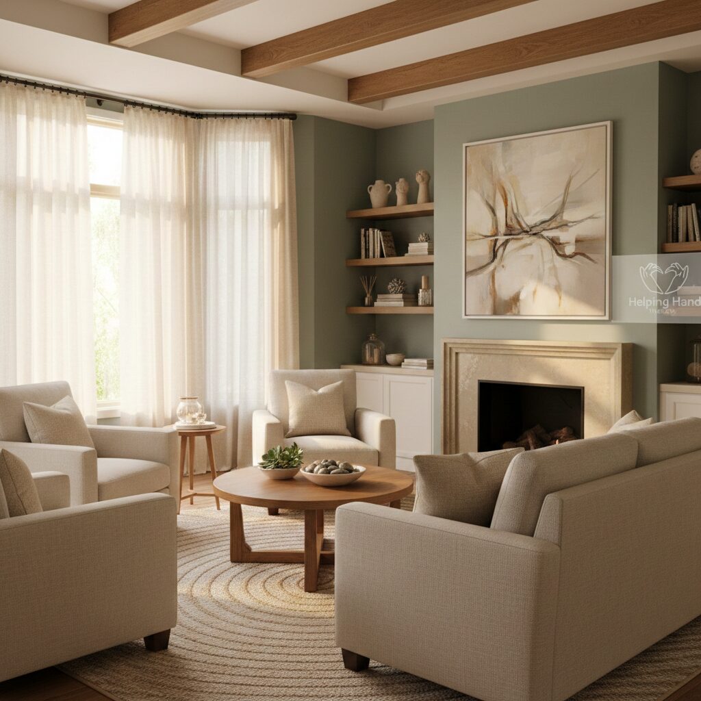 Calm, sunlit therapy room representing safety and healing — Helping Hand Therapy