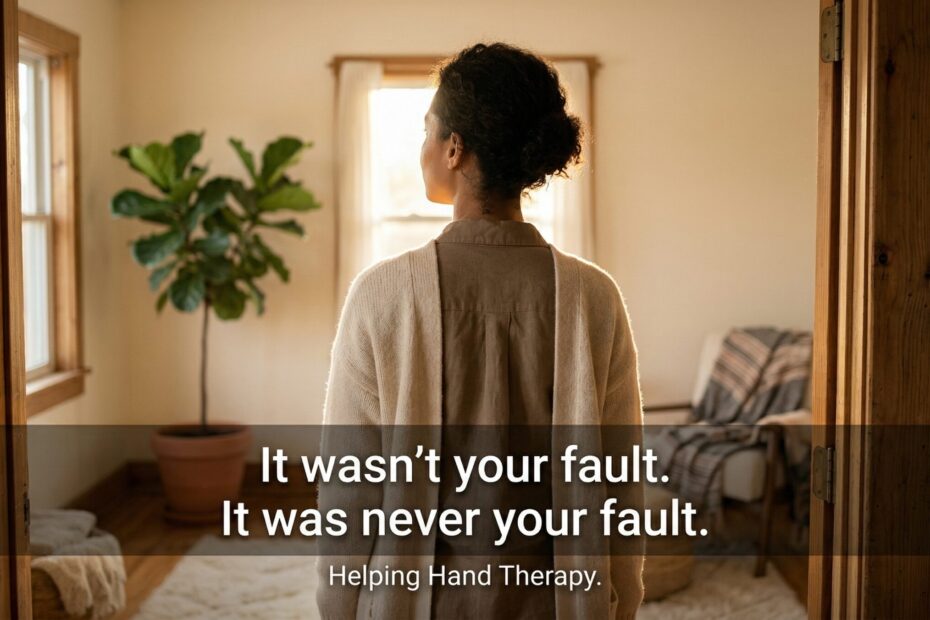 Person standing in golden light representing hope and validation for sexual assault survivors — Helping Hand Therapy