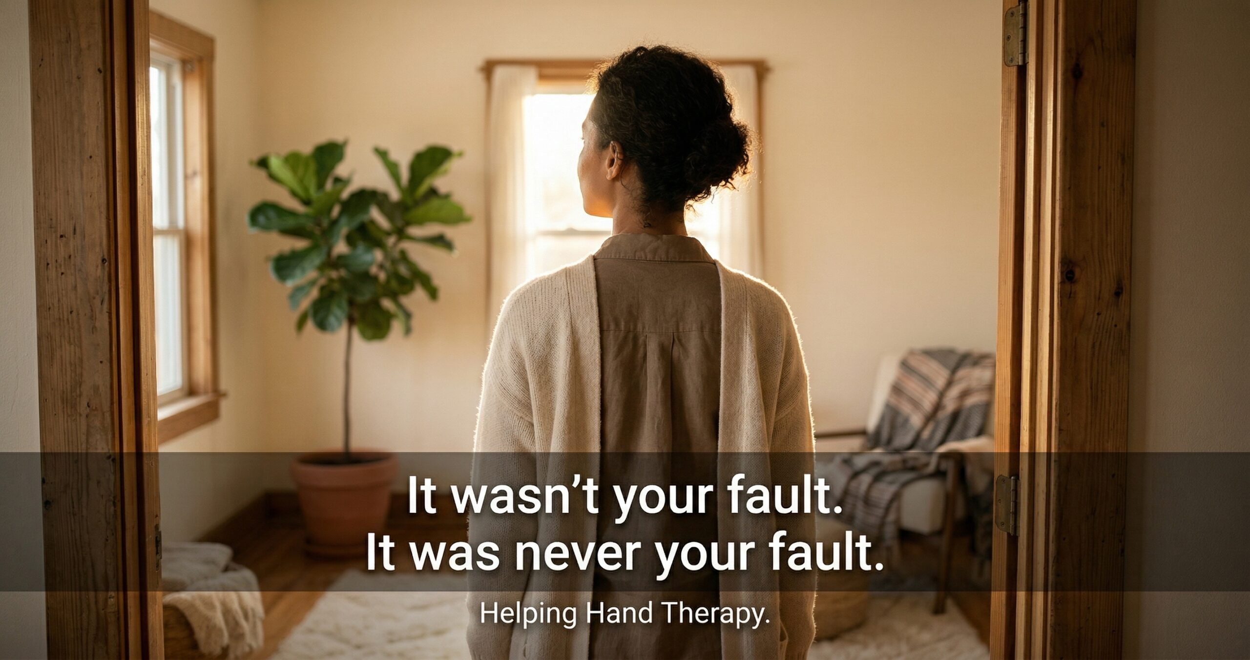 Person standing in golden light representing hope and validation for sexual assault survivors — Helping Hand Therapy
