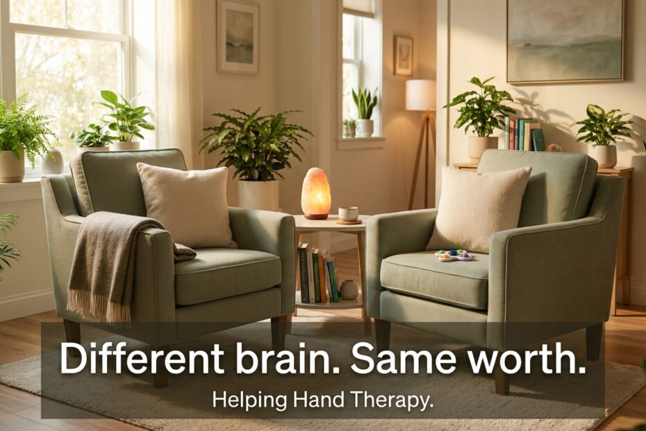 Warm therapy setting with fidget toy and soft lighting representing neurodiversity-affirming care — Helping Hand Therapy