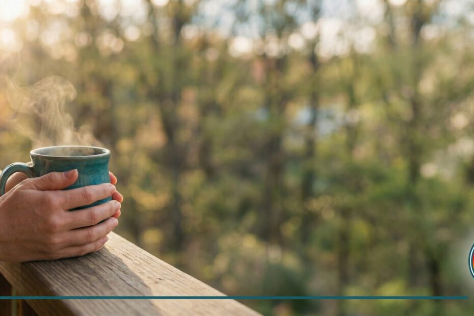Hands holding a warm teal ceramic mug on a porch railing in soft morning light