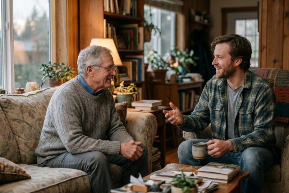 Two men in relaxed, open conversation in warm natural light.