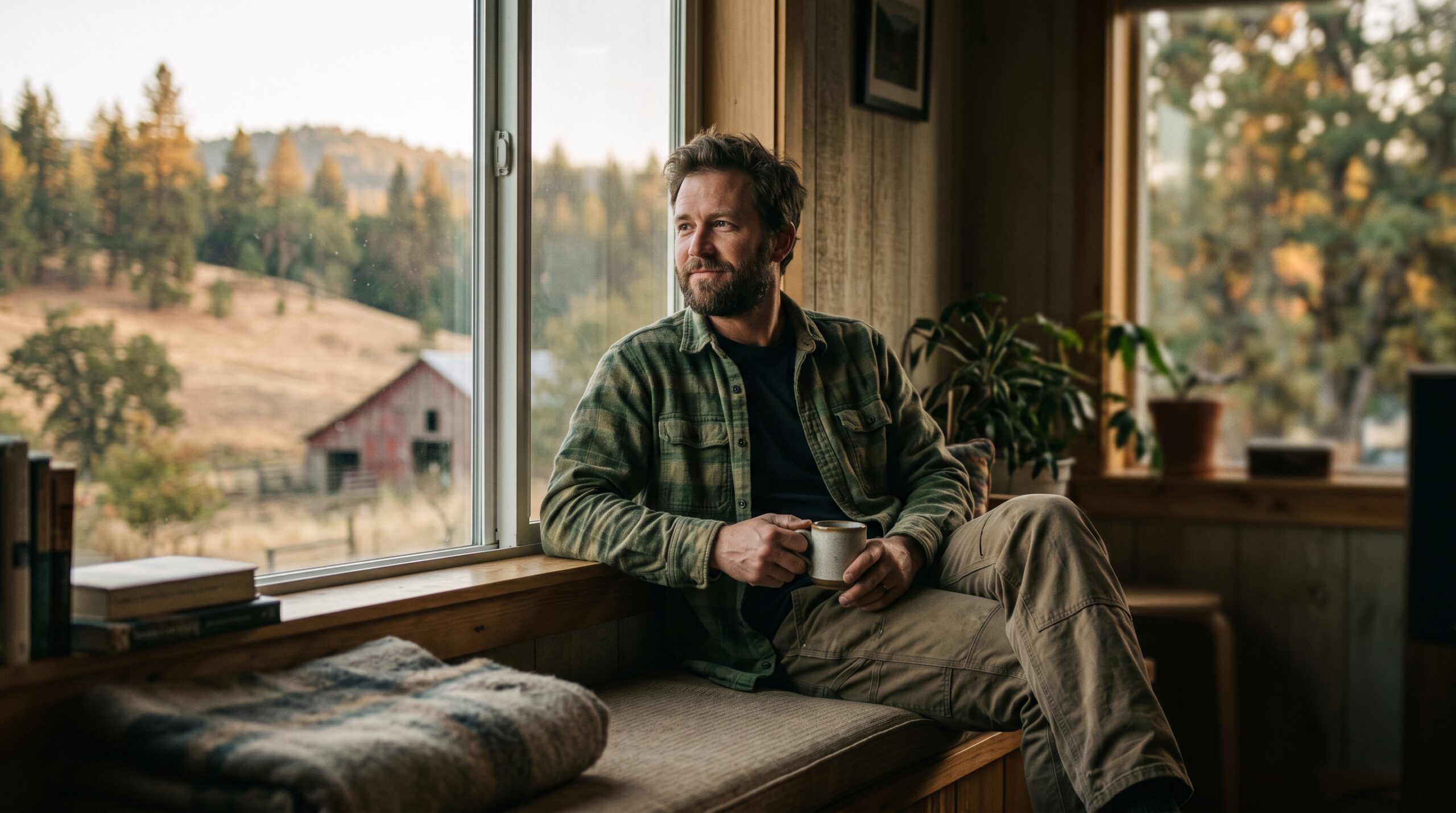 A man sitting by a window in soft natural light, thoughtful and at ease.