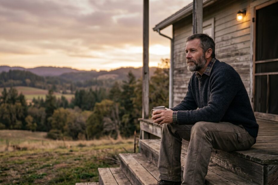 A man sitting on a porch step at dusk, looking into the distance, calm and reflective.