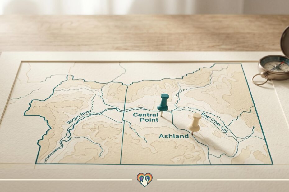 Topographic paper map of Jackson County with push-pins marking Central Point and Ashland