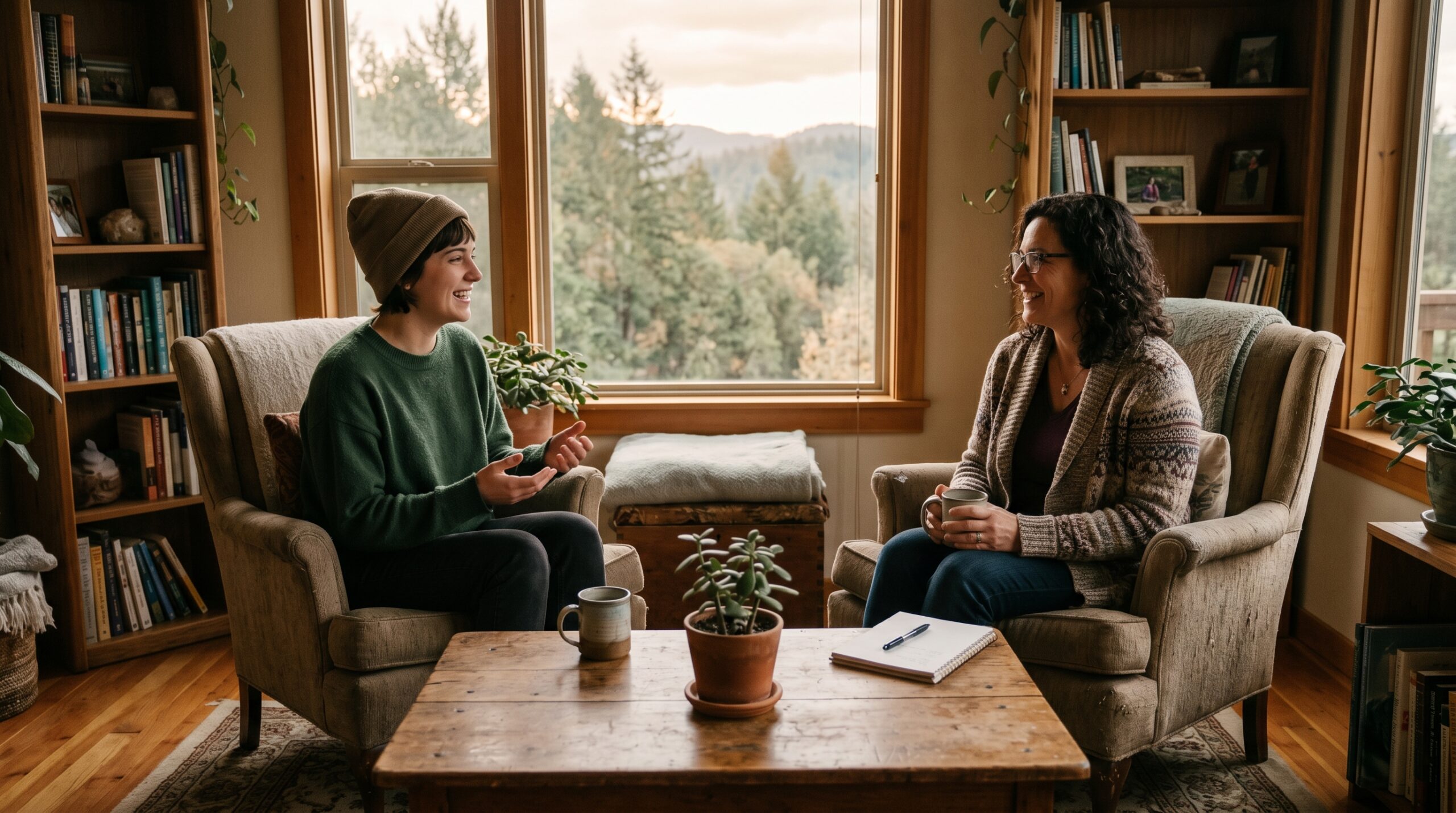 A counselor and client in warm, easy conversation in a comfortable room.