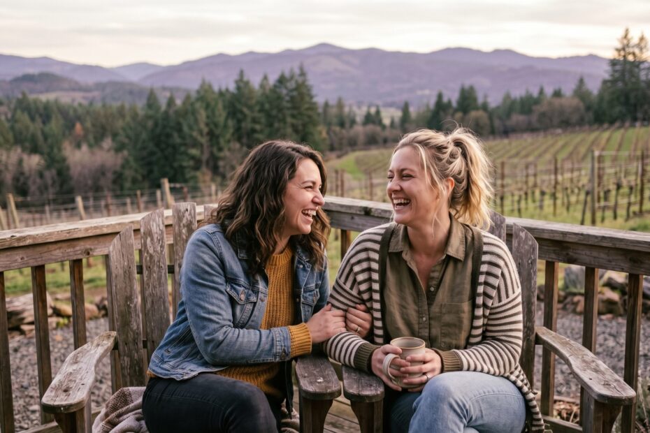 Two friends sitting together outdoors in warm light, relaxed and connected.