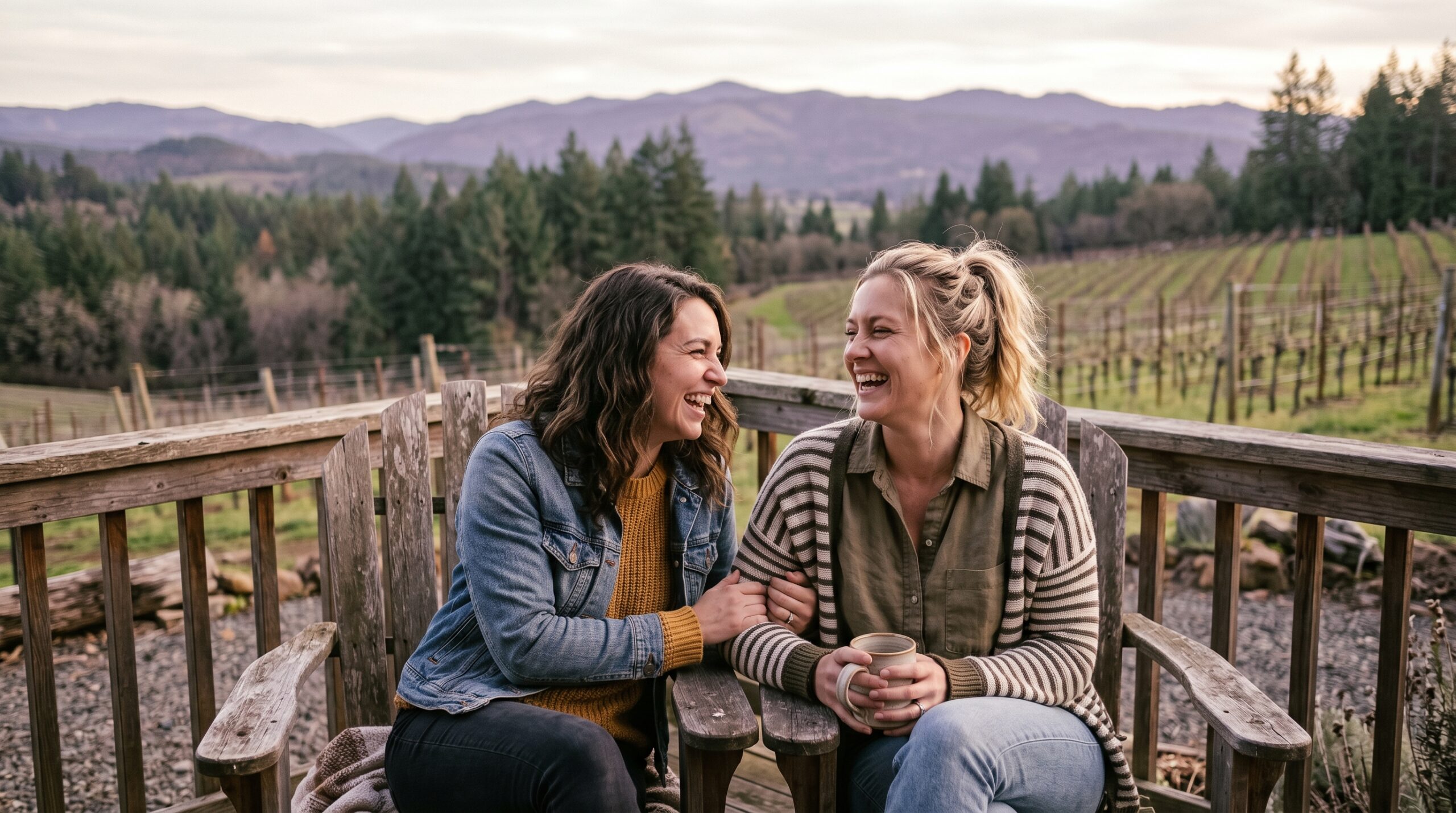 Two friends sitting together outdoors in warm light, relaxed and connected.