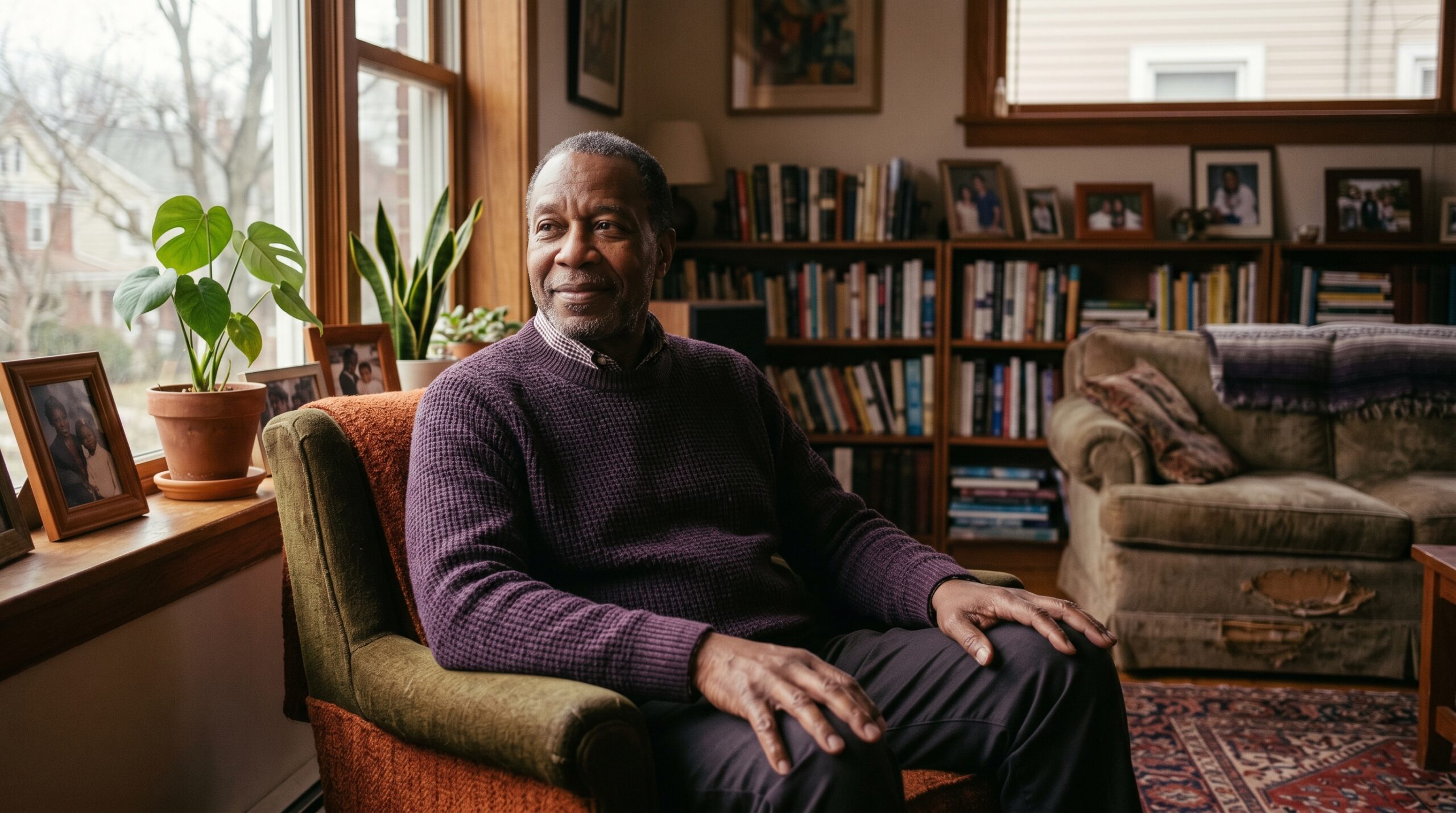 A person sitting calmly in warm natural light, thoughtful and self-aware, in an ordinary home setting.