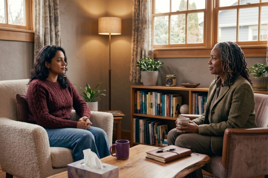 A therapist and client in calm, unhurried conversation in a softly lit office.