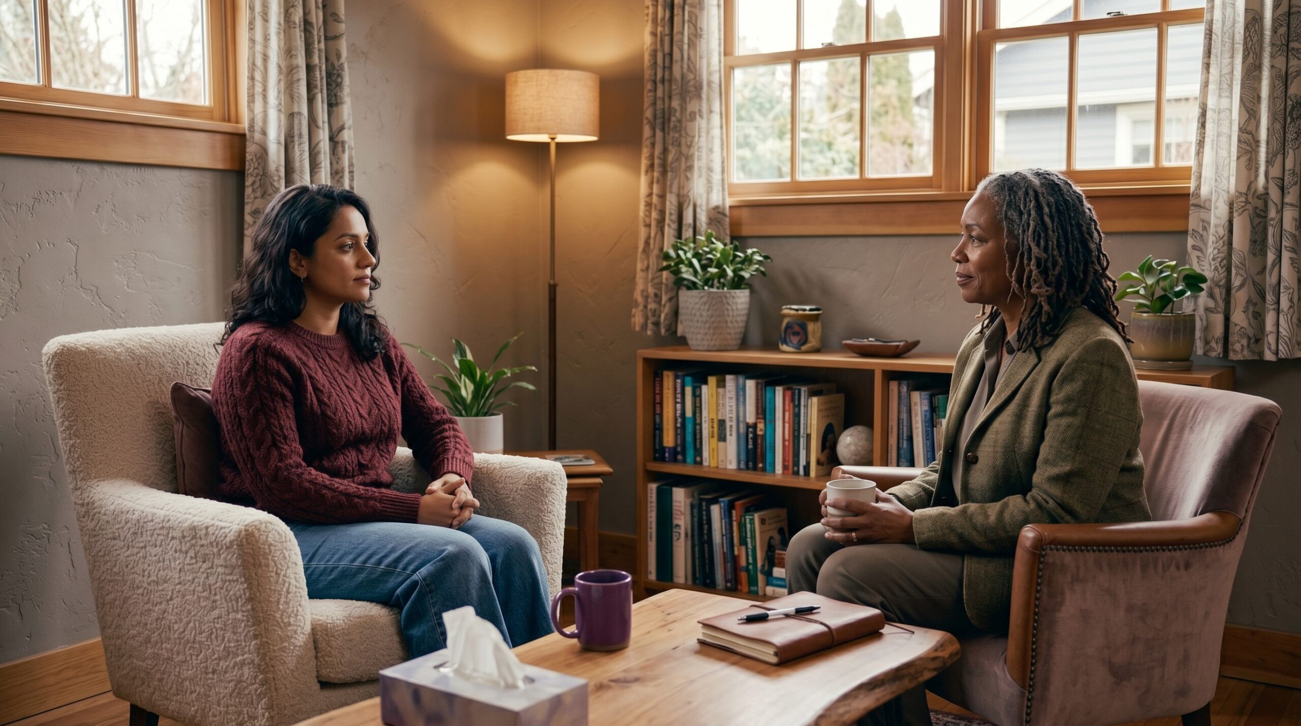 A therapist and client sitting together in a calm, comfortable office, in steady and unhurried conversation.