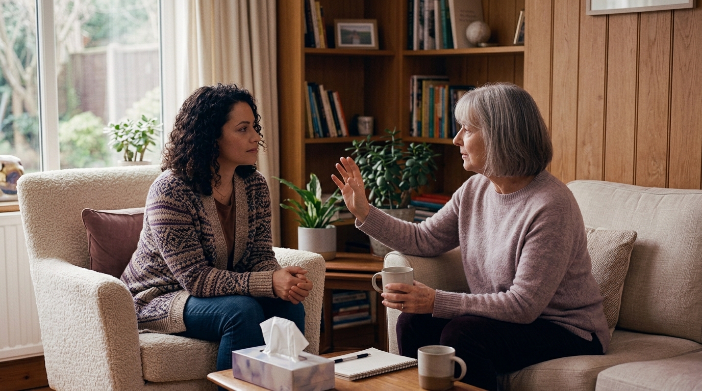 A client sitting comfortably with a therapist in a calm office, following the therapist's hand movement during an EMDR session.